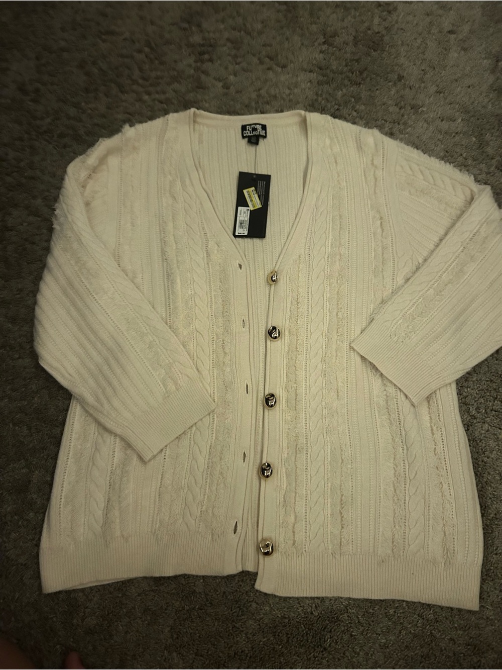 Future Collective Cream Cable-Knit Button Front Cardigan Sweater